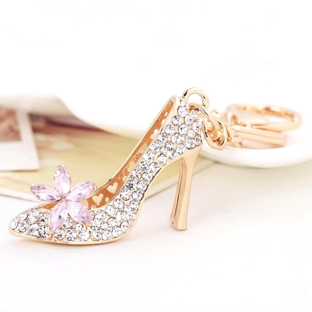 NWOT Pink Flower Crystal High-Heel Bag Charm Sparkly Rhinestone Shoe Keychain